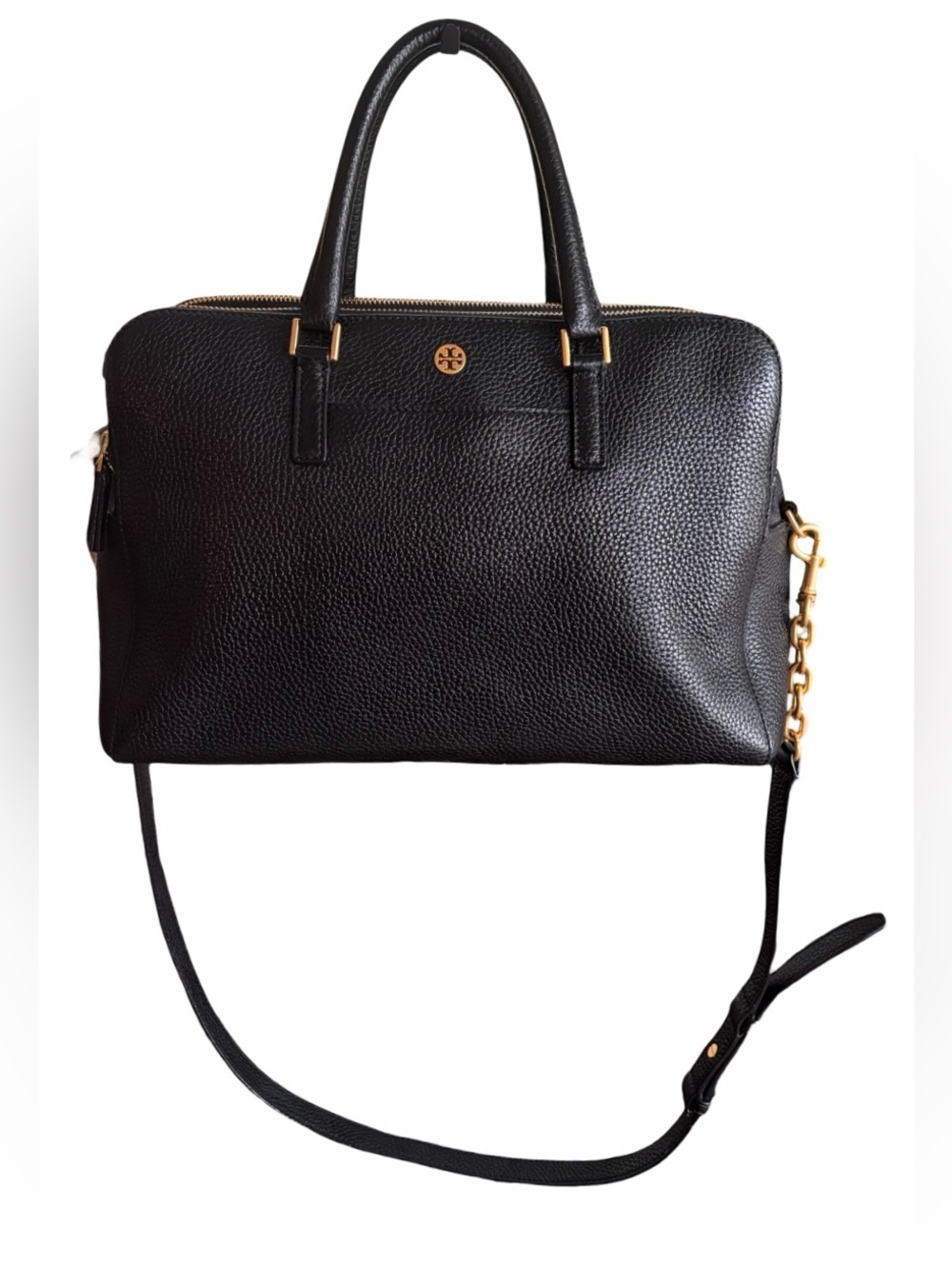 Tory Burch Georgia Pebbled Double Zip Satchel Tote Bag Black Leather Crossbody - Picture 3 of 16